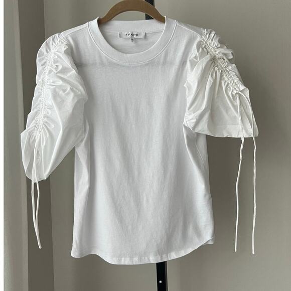 Frame Denim Tops - FRAME Ruched-Sleeve Tee Shirt White